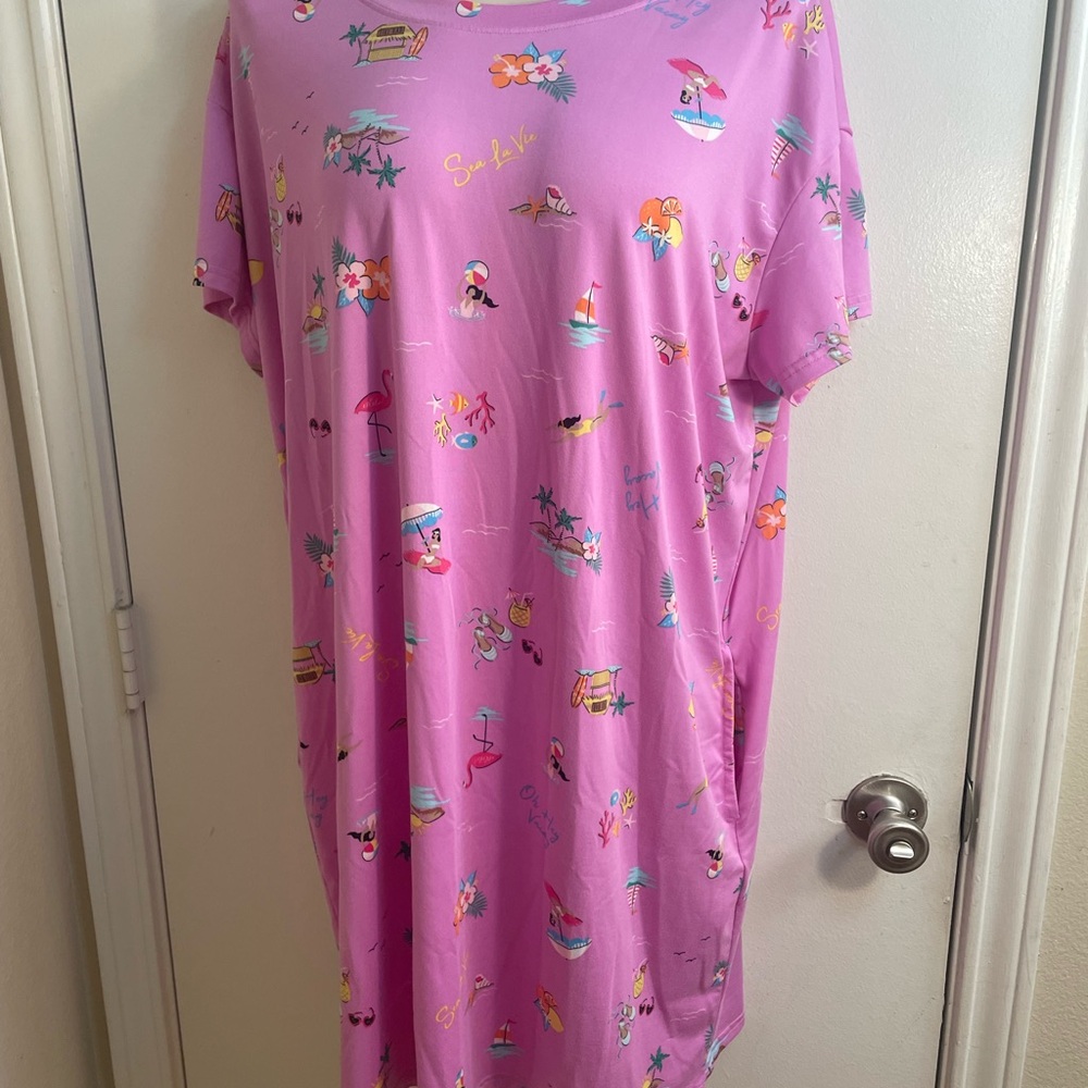 Women's Pink Short-Sleeve Sleep Shirt Nightgown With Pockets